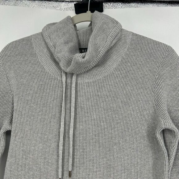 LRL Lauren Ralph Lauren Gray Waffle Knit Sweater Top Funnel Neck Drawstring Sz M - Picture 2 of 10